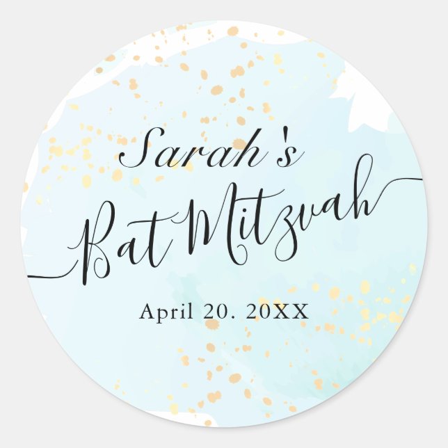 Wasserfarbe Blau x Gold Bat Mitzvah Runder Aufkleber (Vorderseite)