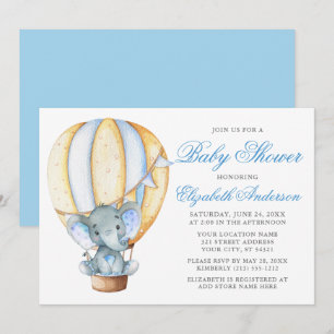Wasserfarbe Blue Air Ballon Elephant Baby Dusche Einladung
