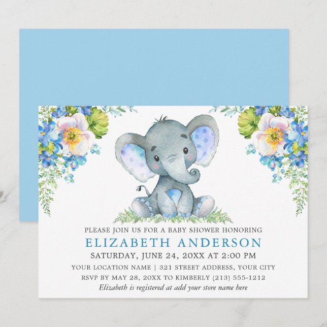 Wasserfarbe Blue Floral Baby Dusche Elephant Einladung (Vorne/Hinten)
