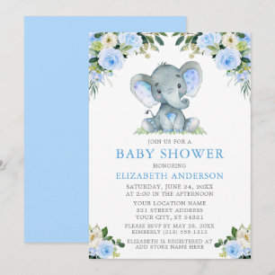 Wasserfarbe Blue Floral Baby Dusche Elephant Einladung