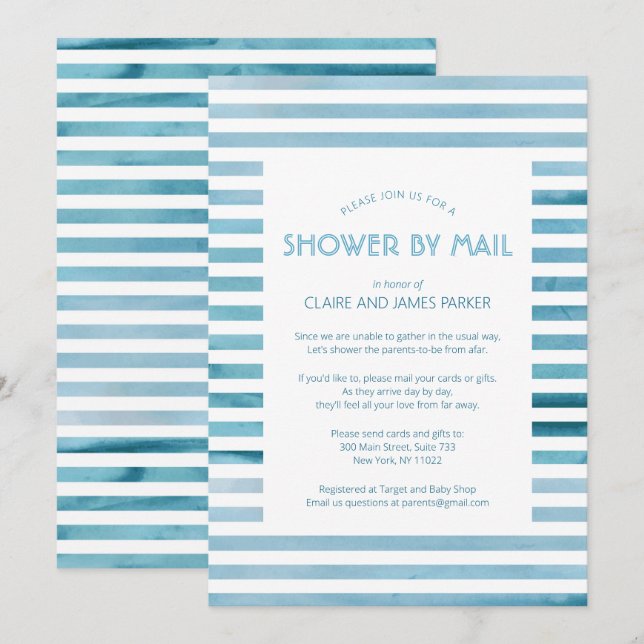 Wasserfarbe Blue Stripes Baby Dusche von Mail Einladung (Vorne/Hinten)