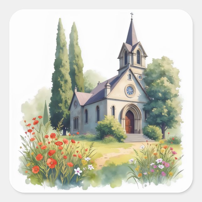 Wasserfarbe Blumenkirche Quadratischer Aufkleber (Vorderseite)