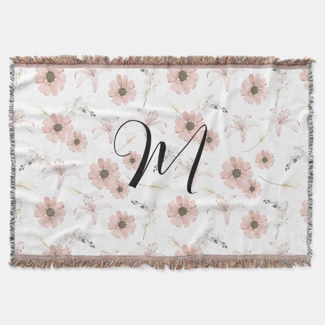 Wasserfarbe Blush Rosa Blumen Kunst Monogramm Decke (Vorderseite)