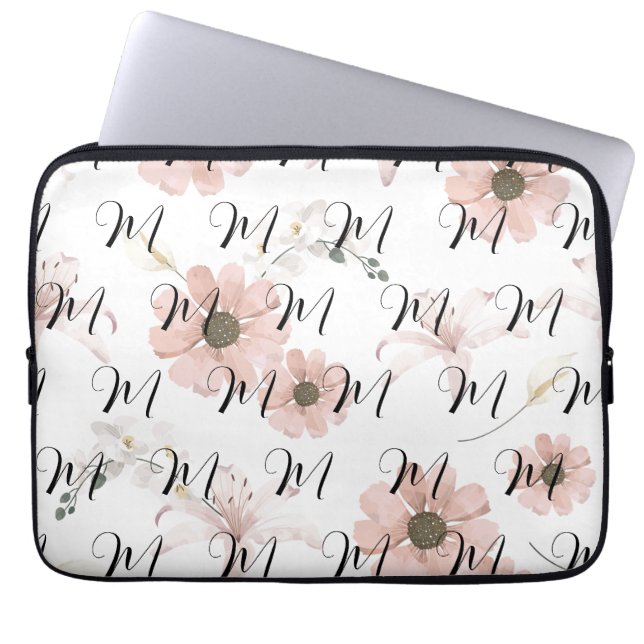Wasserfarbe Blush Rosa Blumen Kunst Monogramm Laptopschutzhülle (Vorderseite)