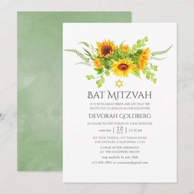 Wasserfarbe Bohemisch Boho Sonnenblumen Bat Mitzva Einladung (Vorne/Hinten)