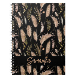 Wasserfarbe Boho Chic Pampas Grass Muster Schwarz Notizblock