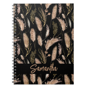 Wasserfarbe Boho Chic Pampas Grass Muster Schwarz Notizblock