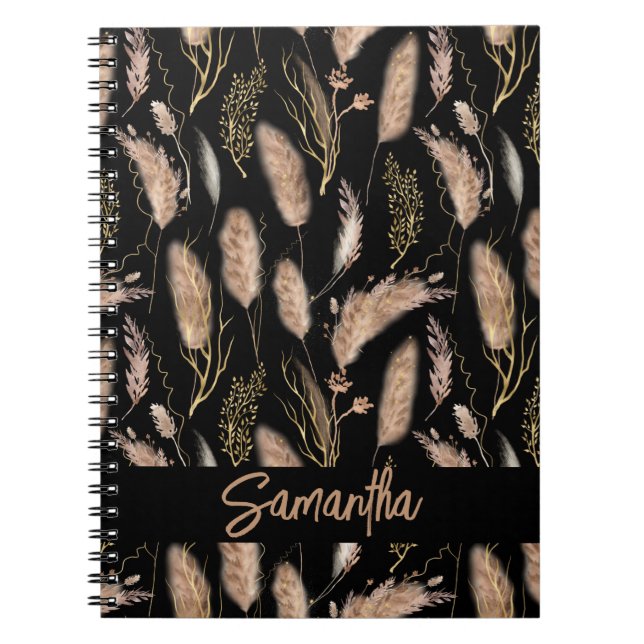 Wasserfarbe Boho Chic Pampas Grass Muster Schwarz Notizblock (Vorderseite)