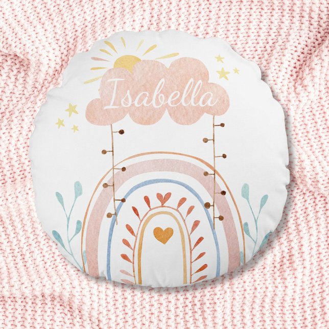 Wasserfarbe Boho Regenbogen Kinder Kinderzimmer Rundes Kissen (In situ)