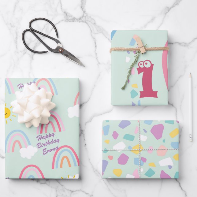 Wasserfarbe Boho Regenbogen und Sonne Geschenkpapier Set (Vorderseite)