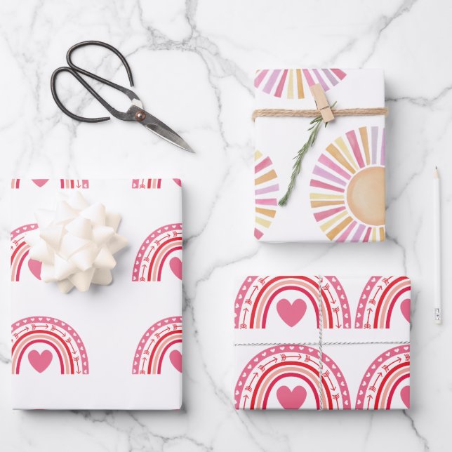 Wasserfarbe Boho Regenbogen und Sonne Geschenkpapier Set (Vorderseite)