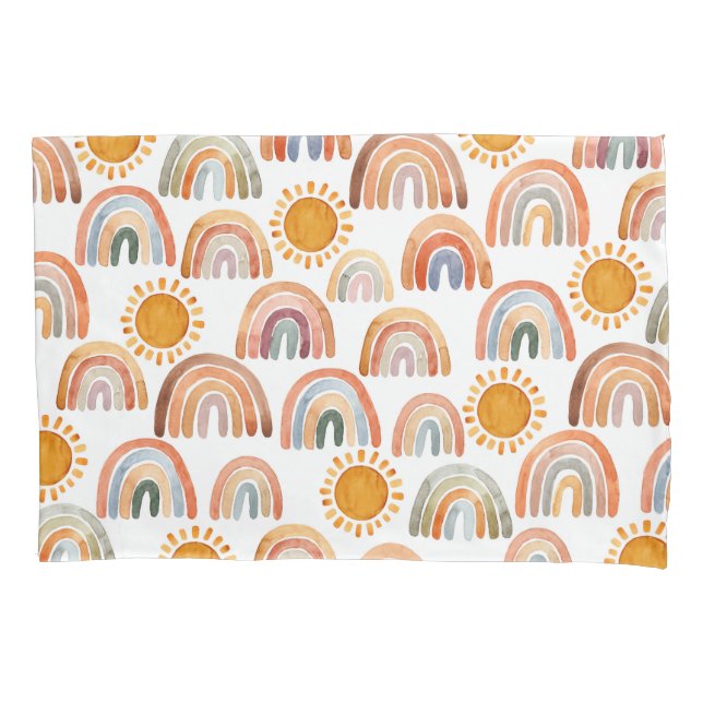Wasserfarbe Boho Regenbogen und Sonne Kissenbezug (Vorderseite)