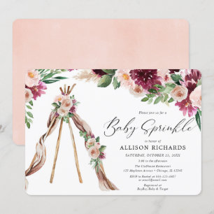 Wasserfarbe Boho rosa Bordeaux-Blumenbaby sprinket Einladung