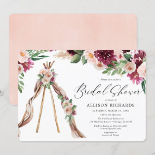 Wasserfarbe Boho rosa bordeauxrotes Brautparty Einladung