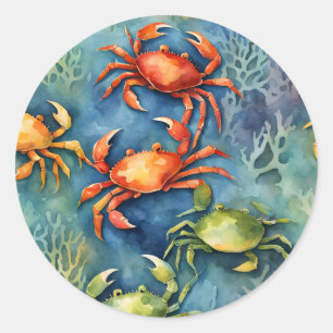 Wasserfarbe Bunte Krabben & Meereskoralle Küste Runder Aufkleber