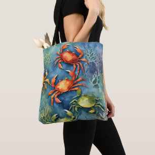 Wasserfarbe Bunte Krabben & Meereskoralle Küste Tasche
