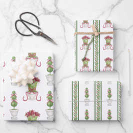 Wasserfarbe Burgund Amaryllis & Topiary Weihnachte Geschenkpapier Set