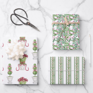 Wasserfarbe Burgund Amaryllis & Topiary Weihnachte Geschenkpapier Set