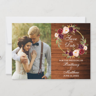Wasserfarbe Burgund Blumenreath Rustikales Holz Save The Date