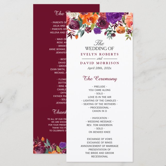 Wasserfarbe Burgund Lila Orange Floral Wedding Programm (Vorne/Hinten)