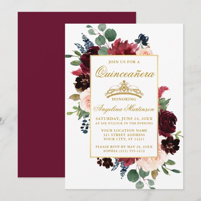 Wasserfarbe Burgund Pink Blütenbraun Quinceanera Einladung (Vorne/Hinten)