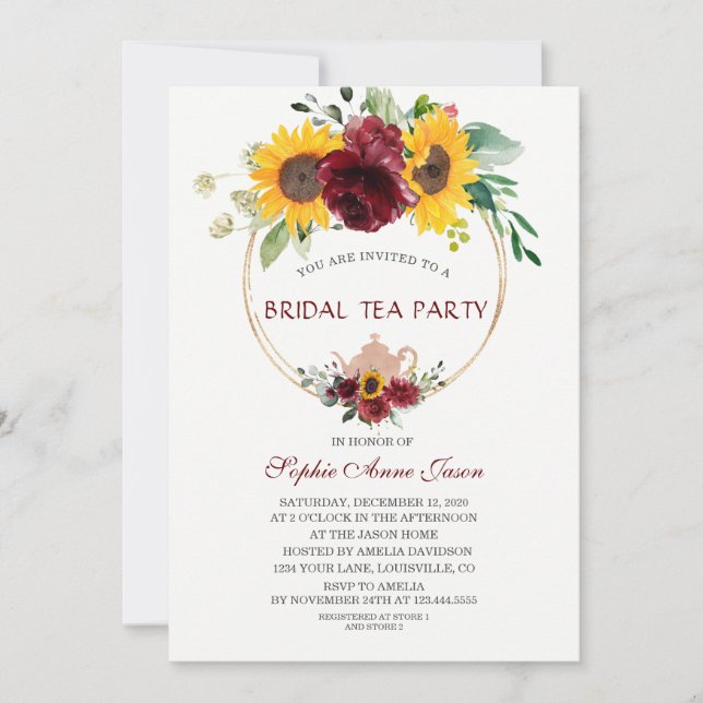 Wasserfarbe Burgund Sonnenblume Bridal Tee Party Einladung (Vorderseite)