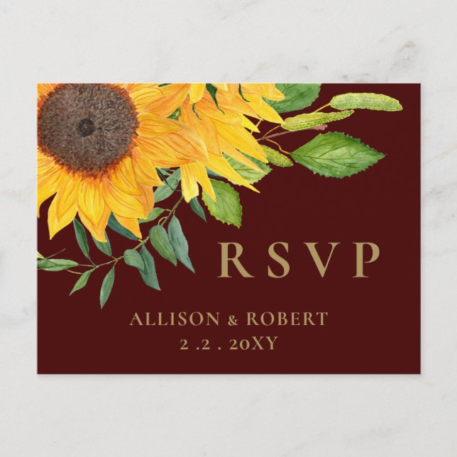 Wasserfarbe Burgund Sonnenblume Rustikale Hochzeit Einladungspostkarte (Vorderseite)