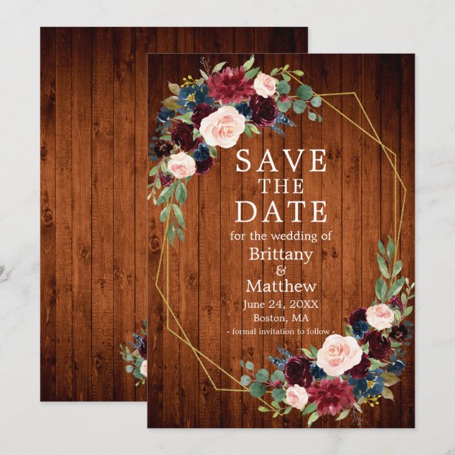 Wasserfarbe Burgundy Blauer Holzrahmen Save The Date (Vorne/Hinten)