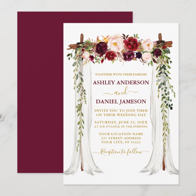 Wasserfarbe Burgundy Bloral Wedding Canopy Gold Einladung (Vorne/Hinten)