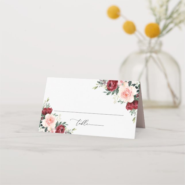 Wasserfarbe Burgundy Blush Bloral Hochzeit geklapp Platzkarte (Vorderseite)