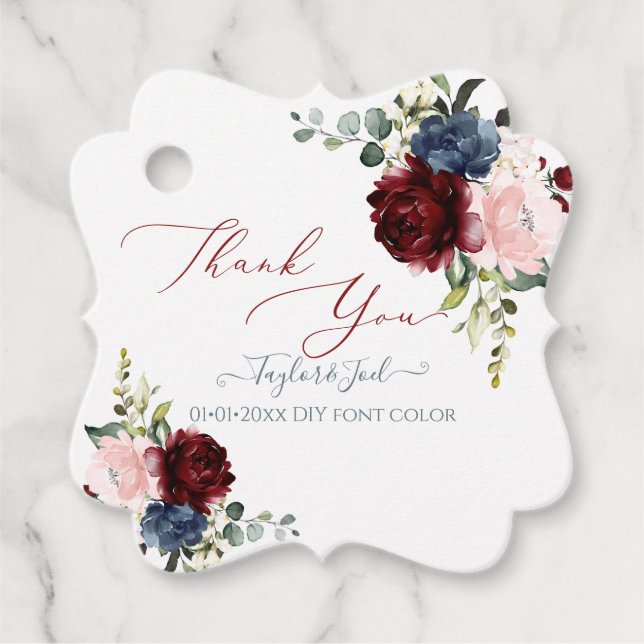 Wasserfarbe Burgundy Blush Dusty Blue Blumen Geschenkanhänger (Vorderseite)