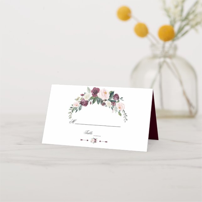 Wasserfarbe Burgundy Blush Elfenbeinblume Hochzeit Platzkarte (Rückseite)