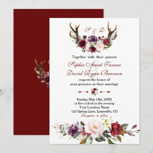Wasserfarbe Burgundy Blush Floral Antlers Wedding Einladung