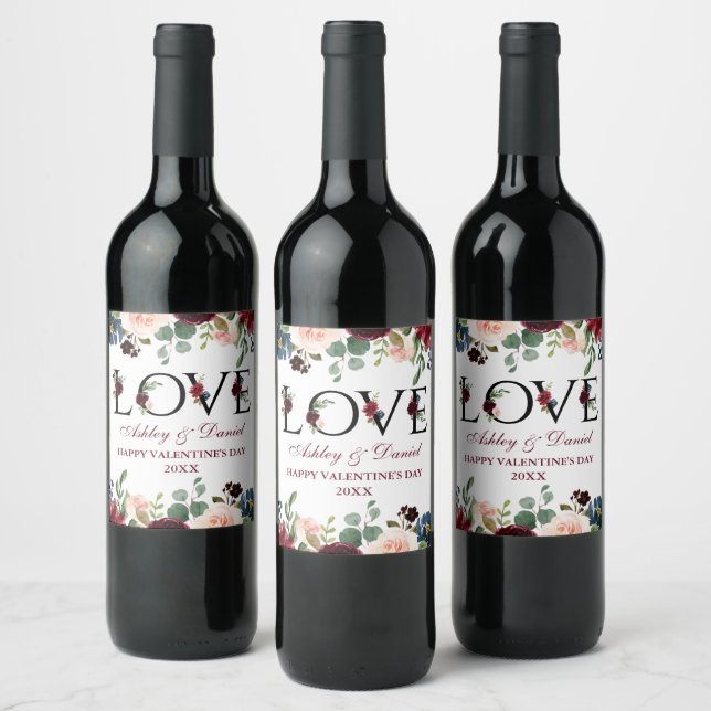 Wasserfarbe Burgundy Mixed Floral Liebe Valentine Weinetikett (Flaschen)