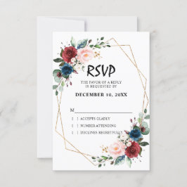 Wasserfarbe Burgundy Navy Blue Floral Geometric RSVP Karte