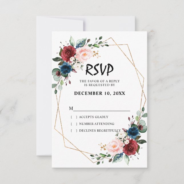 Wasserfarbe Burgundy Navy Blue Floral Geometric RSVP Karte (Vorderseite)