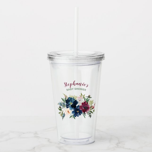 Wasserfarbe Burgundy Navy Blume Kinderdusche Acryltrinkbecher (Vorderseite)