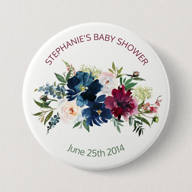 Wasserfarbe Burgundy Navy Blume Kinderdusche Button (Vorderseite)