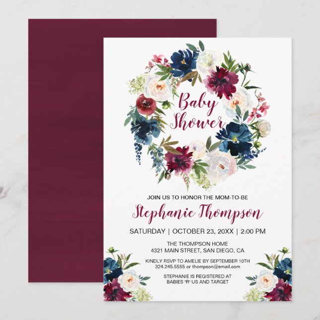 Wasserfarbe Burgundy Navy Blume Kinderdusche Einladung (Vorne/Hinten)