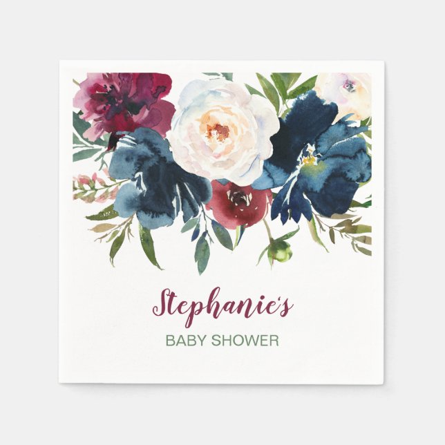 Wasserfarbe Burgundy Navy Blume Kinderdusche Serviette (Vorderseite)