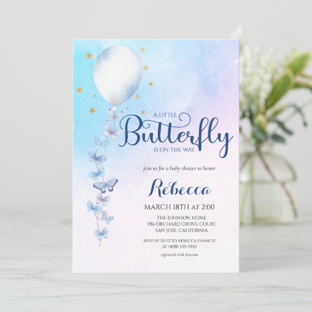 Wasserfarbe Butterflies Balloon Babydusche Einladung (Stehend Vorderseite)