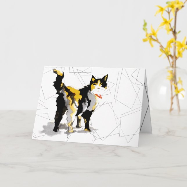 Wasserfarbe Calico Kat Geometrische Formen Karte (Gelbe Blume)
