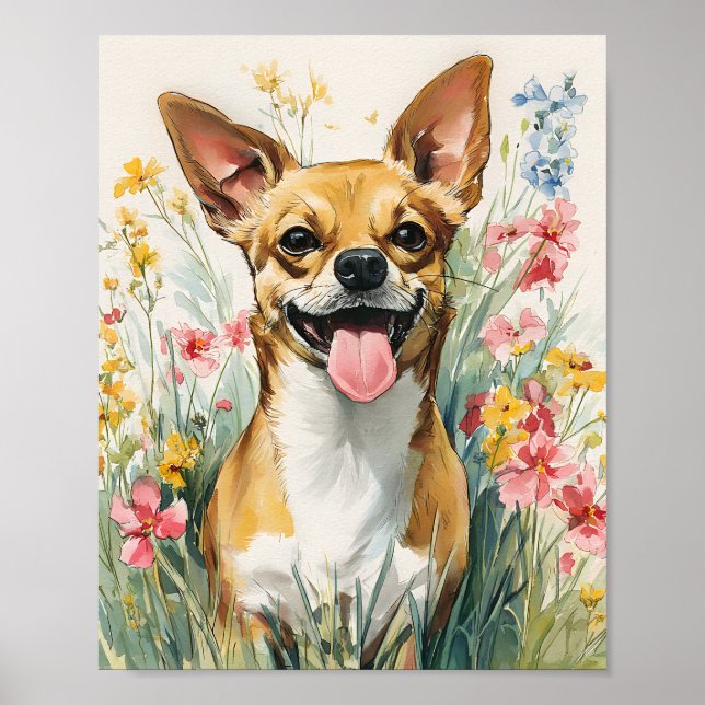 Wasserfarbe Chihuahua in Wildblume Wiese - Niedlic Poster (Vorne)