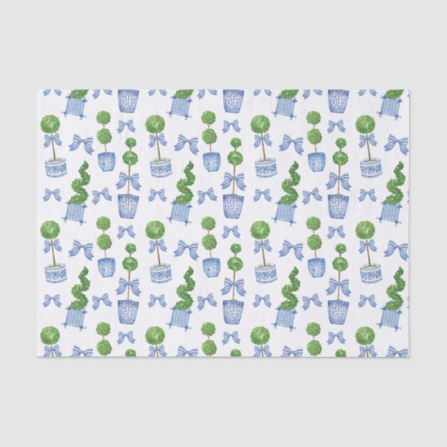 Wasserfarbe Chinoiserie Blauer Bow Topiary Seidenpapier (Vorderseite)