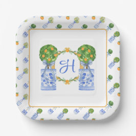 Wasserfarbe Chinoiserie Citrus Topiary Monogram Pappteller