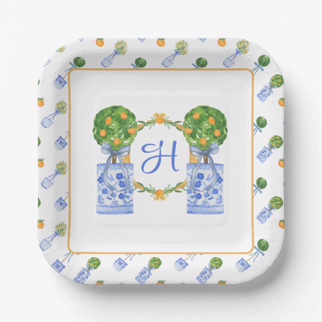 Wasserfarbe Chinoiserie Citrus Topiary Monogram Pappteller (Vorderseite)