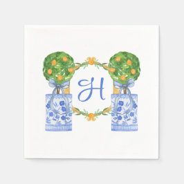 Wasserfarbe Chinoiserie Citrus Topiary Monogram Serviette