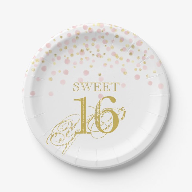 Wasserfarbe Confetti Sweet 16 Elegant Rosa Gold Pappteller (Vorderseite)