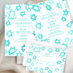 Wasserfarbe Cool Aqua Star von David Bar Bat Mitzv Save The Date<br><div class="desc">Perfekte Karte, um das bevorstehende Datum einer Fledermausmitzvah, Bar mitzvah oder anderen jüdischen Feier bekannt zu geben! Handgemachte Aquarellkunst für Sie auf der Vorder- und Rückseite! Vollständig anpassbar! Klicken Sie auf "Personalisieren" oben, um den Text zu bearbeiten. Klicken Sie auf "Bearbeiten mit dem Design-Tool", um die Schriftart, Farben und Platzierungen...</div>