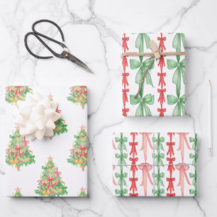 Wasserfarbe Coquette Bows Weihnachtsbaum Geschenkpapier Set